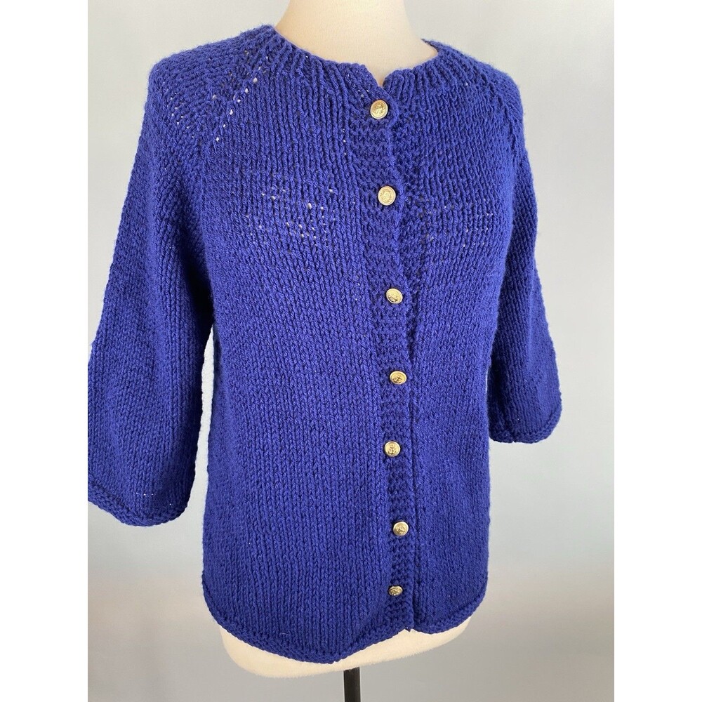 Large Vintage Royal Blue Handknit Cardigan with Gold Nautical Buttons Volup VLV